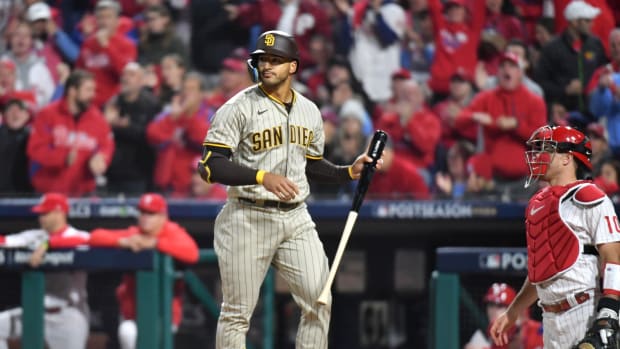 Oct 21, 2022; Philadelphia, Pennsylvania, USA; San Diego Padres center fielder Trent Grisham (2) reacts after striking out in the seventh inning during game three of the NLCS against the Philadelphia Phillies for the 2022 MLB Playoffs at Citizens Bank Park.